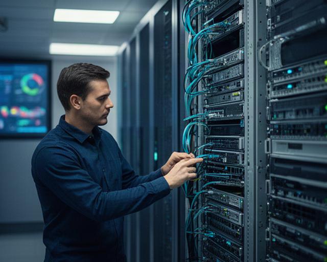 IT operations engineer reviewing server dashboards beside a modern data centre rack