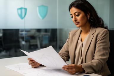 Zeenat Soutter examining security audit notes in a quiet London office