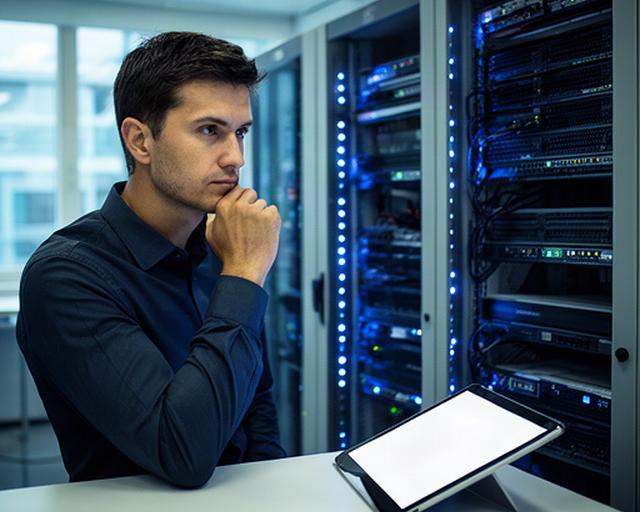 IT infrastructure professional reviewing a privacy policy beside a server rack in a London office