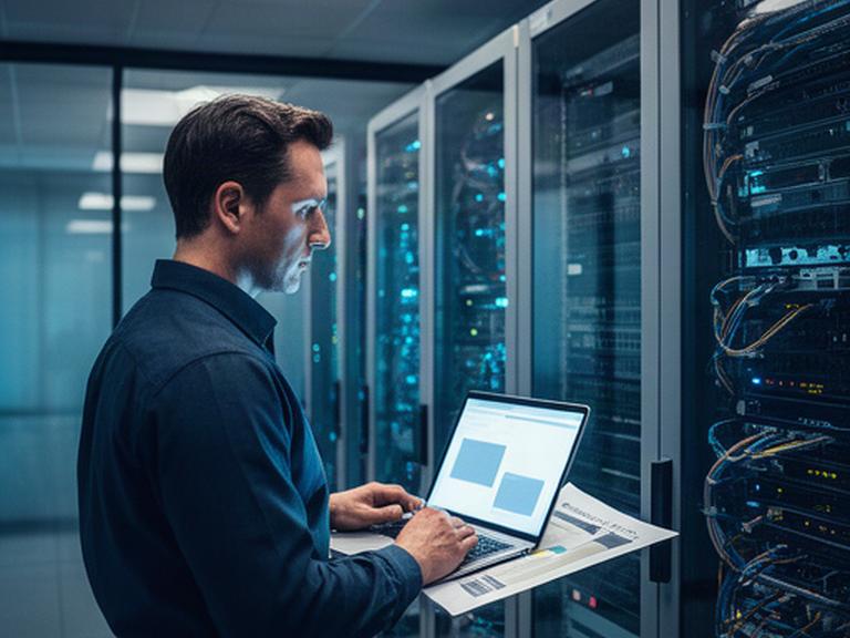 Infrastructure engineer reviewing software patch notes beside server racks in a London operations centre